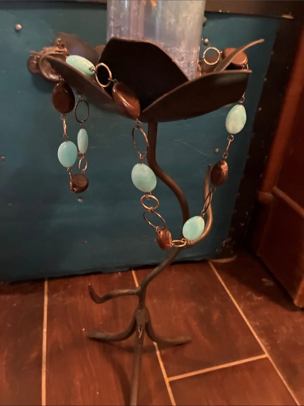 Decorative Blue Pillar Candle Holder with Turquoise Accents